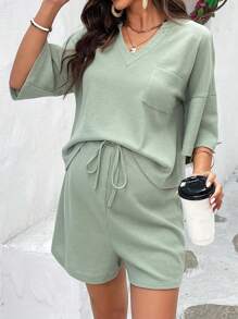 SHEIN Bộ đồ hai mảnh Bà bầu Nút Dây kéo Túi màu trơn Giải trí - Màu xanh Bạc hà - Xem 3