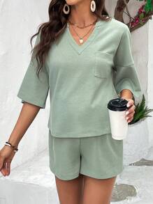 SHEIN Bộ đồ hai mảnh Bà bầu Nút Dây kéo Túi màu trơn Giải trí - Màu xanh Bạc hà - Xem 4