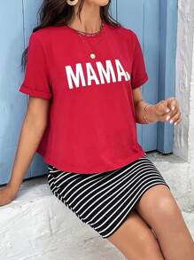 SHEIN 孕婦字母圖案T恤和條紋印花可調節腰圍包臀半身裙 - 酒紅色 - 查看 5