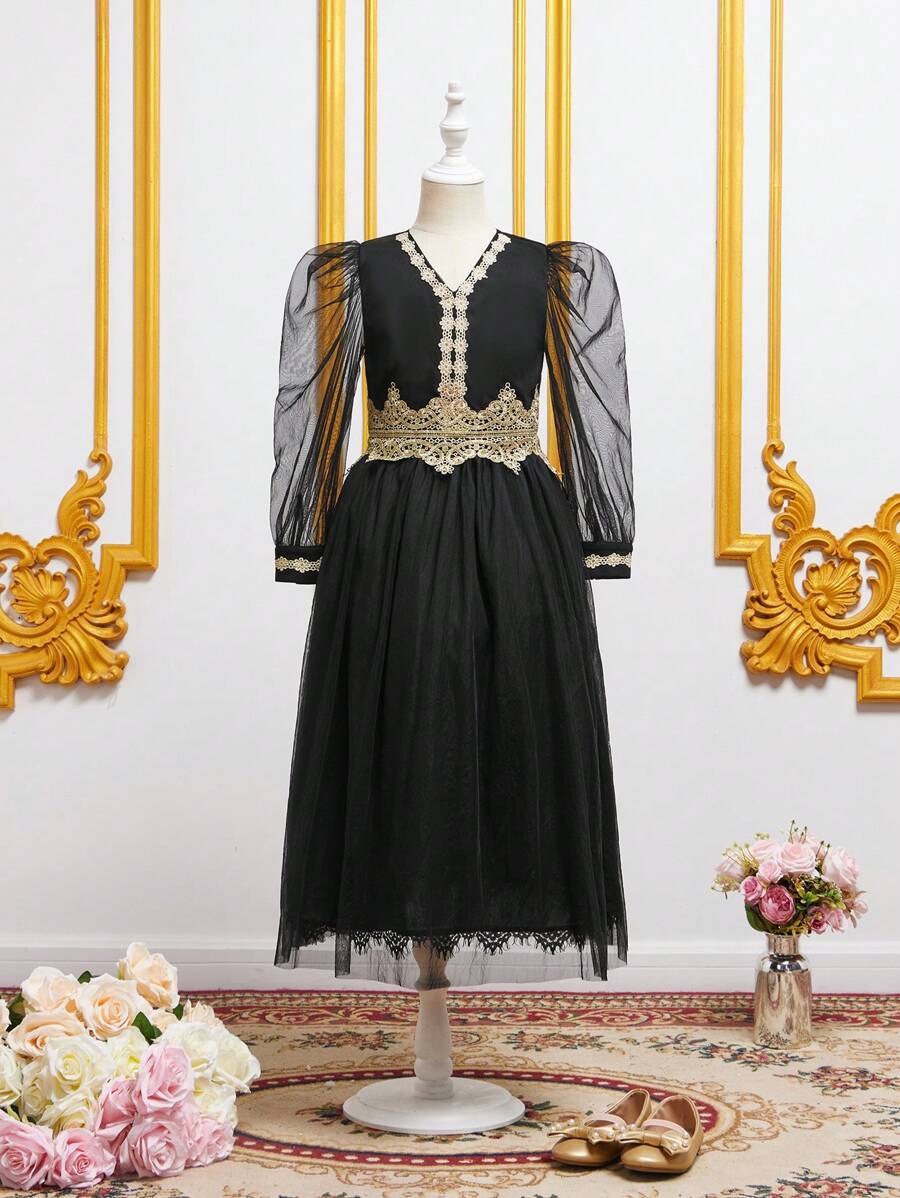 SHEIN 女孩1入組凸花蕾絲貼花泡泡袖網紗覆蓋洋裝 - 黑色 - 查看 1