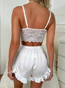 蕾絲吊帶上衣和荷葉邊短褲睡衣套裝 - 白色 - 查看 2