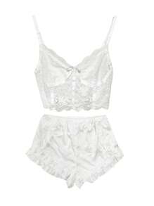 蕾絲吊帶上衣和荷葉邊短褲睡衣套裝 - 白色 - 查看 6