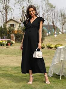 Thai sản Chất rắn Surplice cổ áo tay bướm Đầm - màu đen - Xem 1