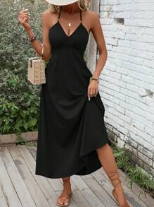 Breezaya Vestido de tirantes unicolor de espalda abierta con cordón