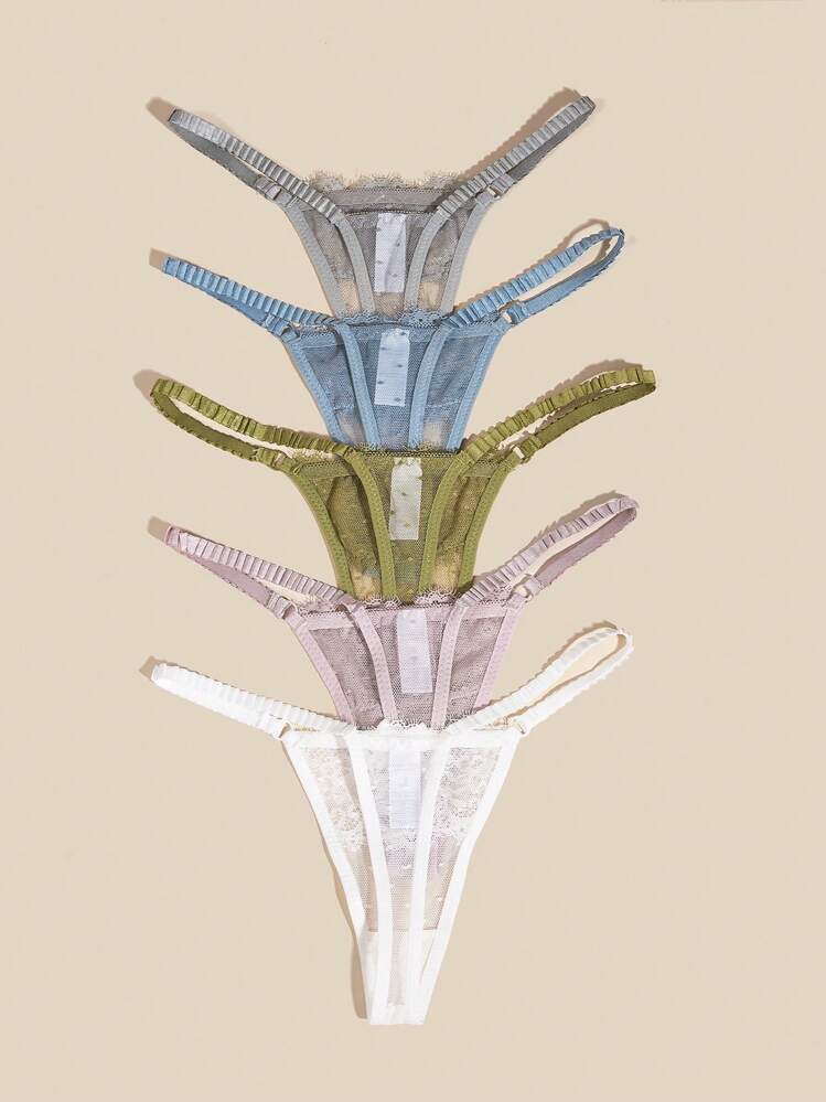 5条装花卉蕾丝蝴蝶结前开裆丁字裤性感内衣 - 彩色 - 查看 2