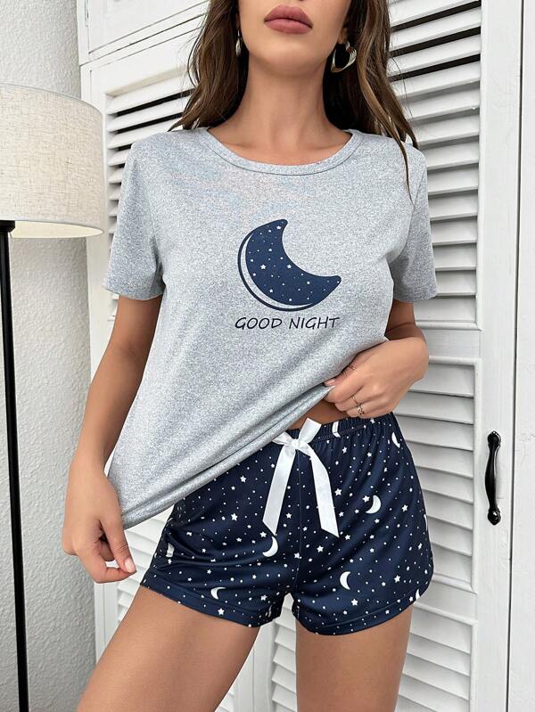 Conjunto de pijama - Camisa gráfica con luna y lema + Pantalones cortos con lazo en el frente / Conjunto de pijama / Ropa de dormir para mujeres