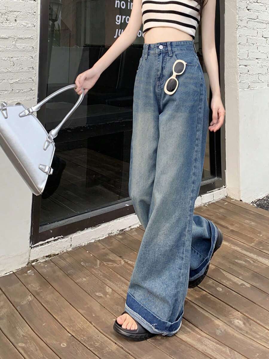 Quần jean nữ Nút Túi Dây kéo Denim mùa giặt màu trơn - Rửa trung bình - Xem 1