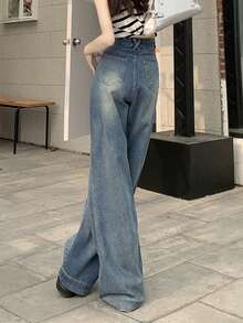 Quần jean nữ Nút Túi Dây kéo Denim mùa giặt màu trơn - Rửa trung bình - Xem 2