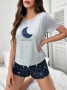 Snug Zone 月亮和口号图案 T 恤和蝴蝶结前短裤睡衣套装/睡衣套装女士睡衣 - 彩色 - 查看 5