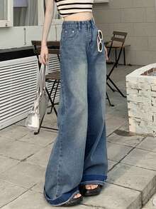 Quần jean nữ Nút Túi Dây kéo Denim mùa giặt màu trơn - Rửa trung bình - Xem 3