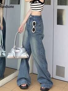 Quần jean nữ Nút Túi Dây kéo Denim mùa giặt màu trơn - Rửa trung bình - Xem 4