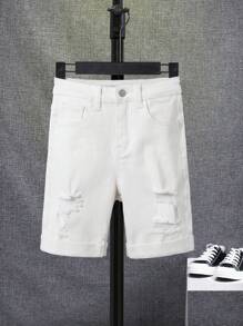 SHEIN Boys Ripped Frayed Denim Shorts - White - View 1