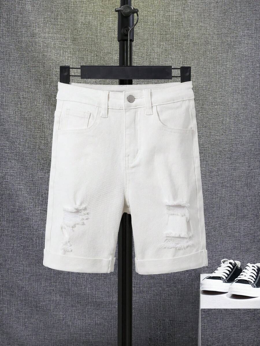 SHEIN Boys Ripped Frayed Denim Shorts - White - View 1