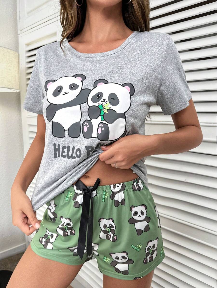 Panda & Letter Graphic Bow Front PJ Set / Pajama Set - Multicolor - View 1