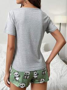 Panda & Letter Graphic Bow Front PJ Set / Pajama Set - Multicolor - View 2