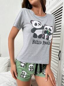 Panda & Letter Graphic Bow Front PJ Set / Pajama Set - Multicolor - View 3