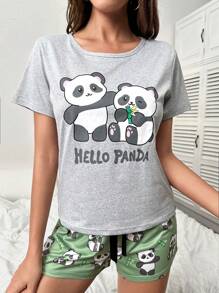 Panda & Letter Graphic Bow Front PJ Set / Pajama Set - Multicolor - View 4