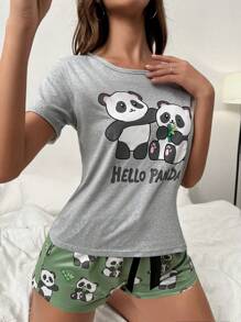 Panda & Letter Graphic Bow Front PJ Set / Pajama Set - Multicolor - View 5
