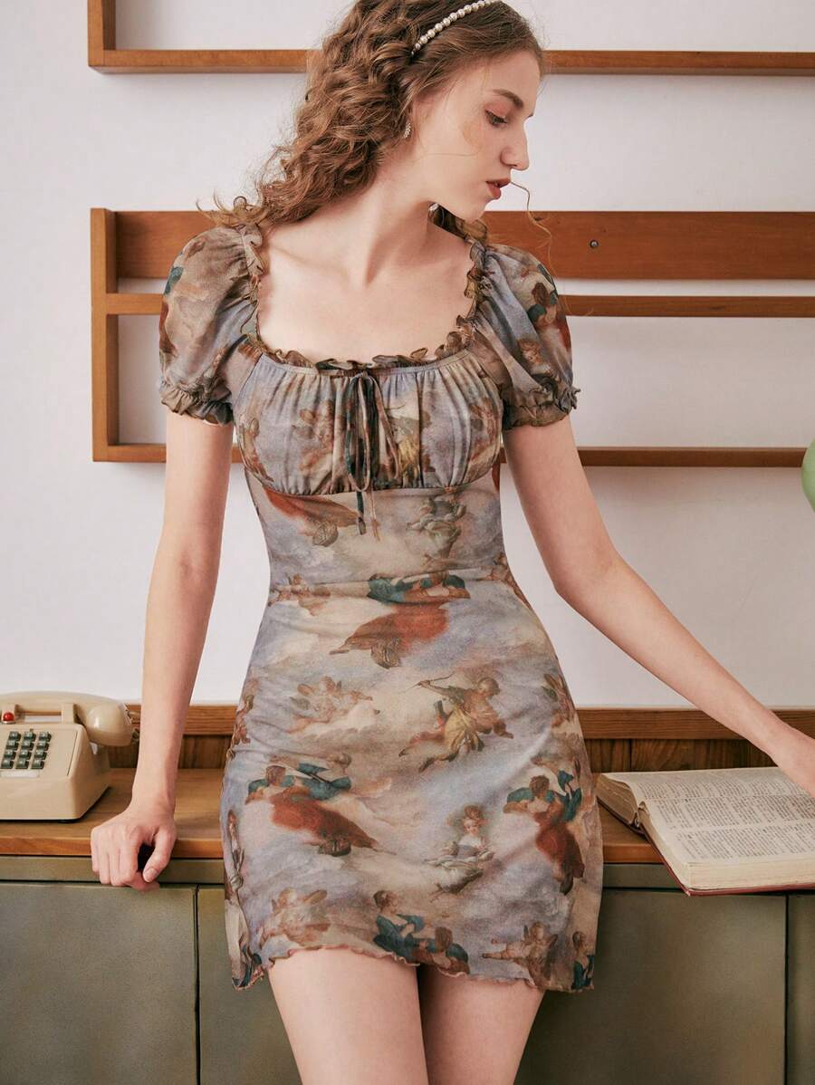 SHEIN MOD 人像圖案褶邊前繫帶網紗連衣裙 - 彩色 - 查看 1