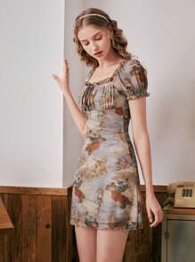 SHEIN MOD 人像圖案褶邊前繫帶網紗連衣裙 - 彩色 - 查看 5