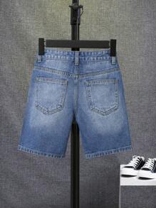 SHEIN Chico preadolescente Shorts en mezclilla desgarro con bolsillo oblicuo - Azul lavado medio - Ver 2