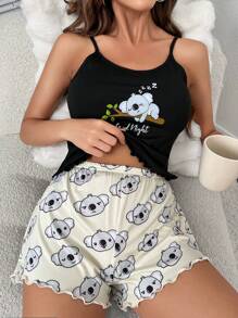 考拉和標語圖案木耳邊睡衣套裝 - 彩色 - 查看 1