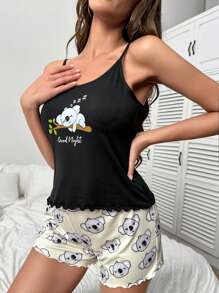 考拉和標語圖案木耳邊睡衣套裝 - 彩色 - 查看 4