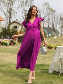 孕婦交疊領蝴蝶袖連衣裙 - 玫紅色 - 查看 3