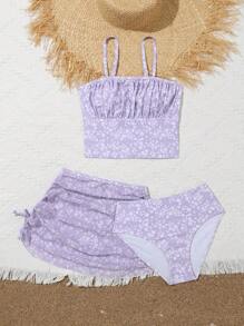 青少年女孩碎花印花比基尼套装搭配沙滩裙夏日海滩 - 紫色 - 查看 5