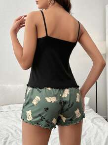 Cartoon & Letter Graphic Lettuce Trim PJ Set - Multicolor - View 2