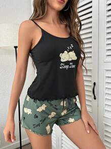 Cartoon & Letter Graphic Lettuce Trim PJ Set - Multicolor - View 6