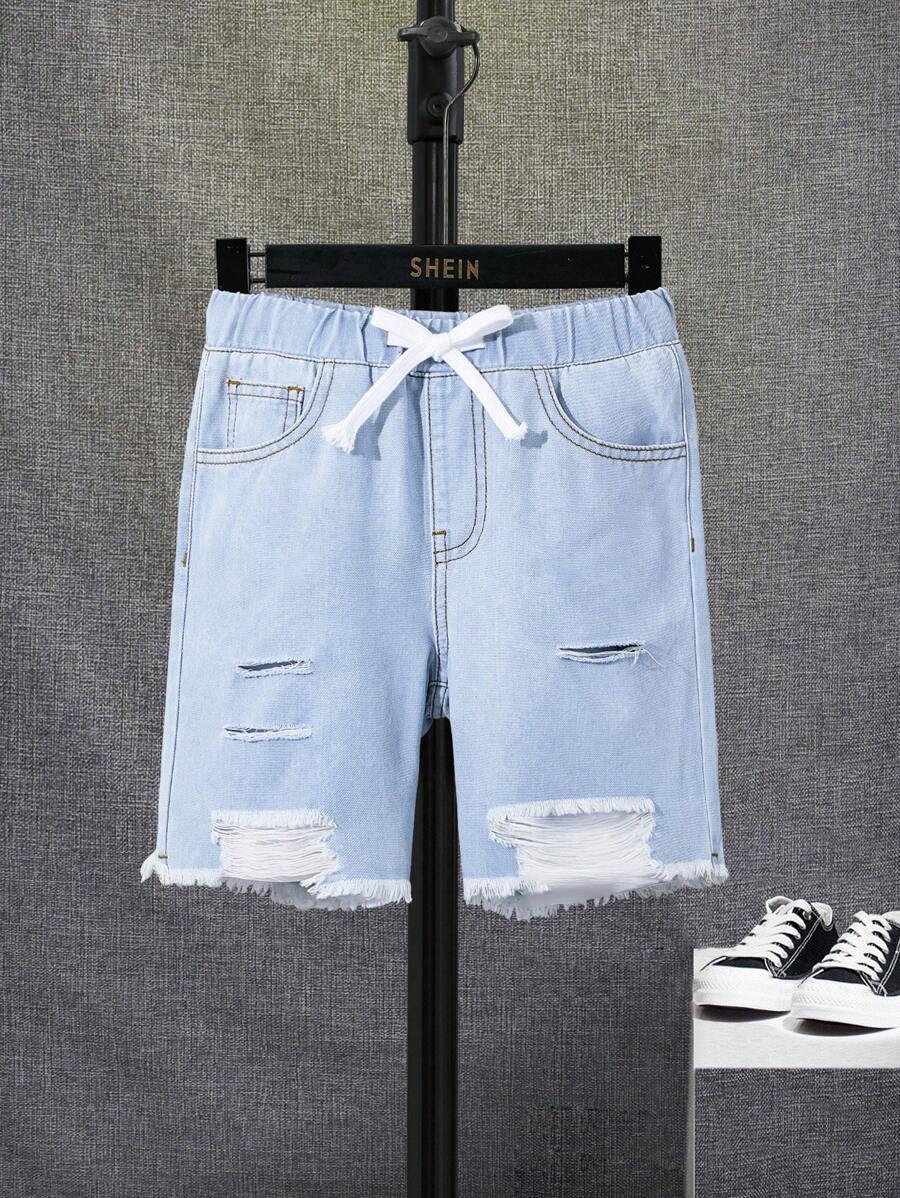 SHEIN Boys Ripped Raw Hem Drawstring Waist Denim Shorts - Light Wash - View 1