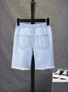 SHEIN Boys Ripped Raw Hem Drawstring Waist Denim Shorts - Light Wash - View 2