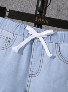 SHEIN Boys Ripped Raw Hem Drawstring Waist Denim Shorts - Light Wash - View 4