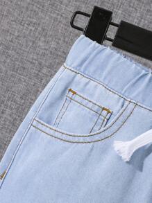 SHEIN Boys Ripped Raw Hem Drawstring Waist Denim Shorts - Light Wash - View 5