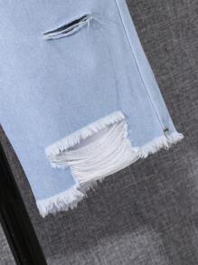 SHEIN Boys Ripped Raw Hem Drawstring Waist Denim Shorts - Light Wash - View 6