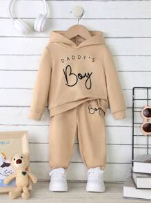 SHEIN Baby Boy Knitted Loose Letter Print Sweatshirt Two-piece Set - Apricot - View 1