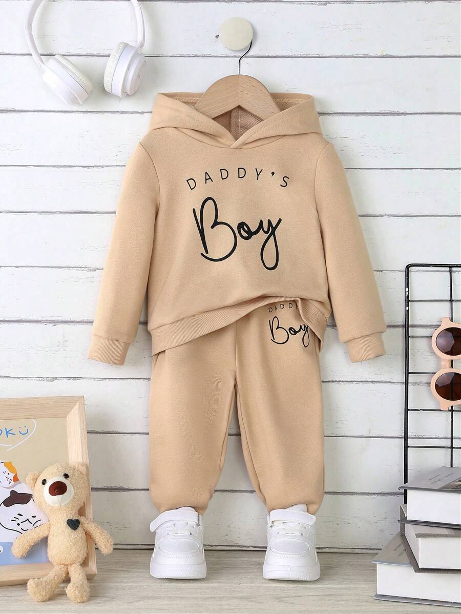 SHEIN Baby Boy Knitted Loose Letter Print Sweatshirt Two-piece Set - Apricot - View 1