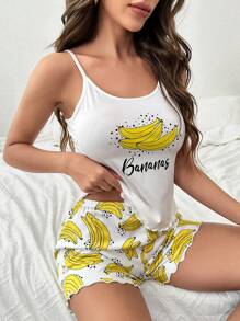 Banana & Letter Graphic Lettuce Trim Cami Top & Shorts PJ Set - White - View 1