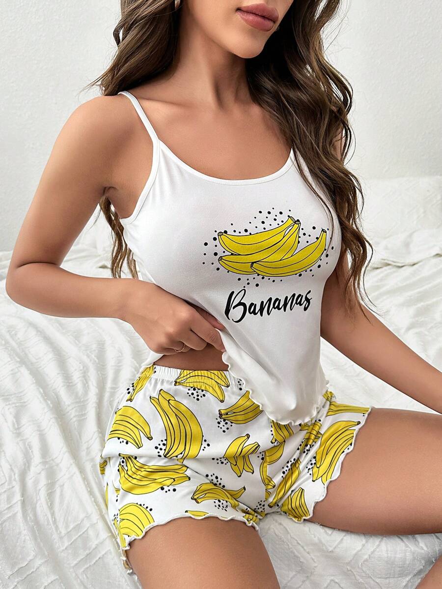 Banana & Letter Graphic Lettuce Trim Cami Top & Shorts PJ Set - White - View 1