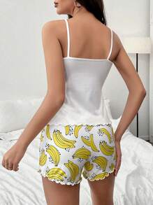 Banana & Letter Graphic Lettuce Trim Cami Top & Shorts PJ Set - White - View 2