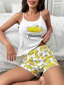 Banana & Letter Graphic Lettuce Trim Cami Top & Shorts PJ Set - White - View 3