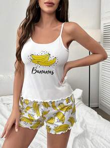 Banana & Letter Graphic Lettuce Trim Cami Top & Shorts PJ Set - White - View 6