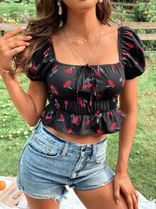 Soleia Cherry Print Knot Front Ruffle Hem Blouse - Multicolor - View 1