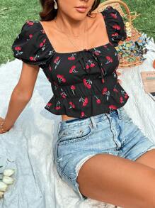 Soleia Cherry Print Knot Front Ruffle Hem Blouse - Multicolor - View 6