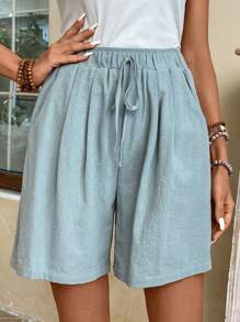 EMERY ROSE Solid Knot Front Wide Leg Shorts - Green - View 6