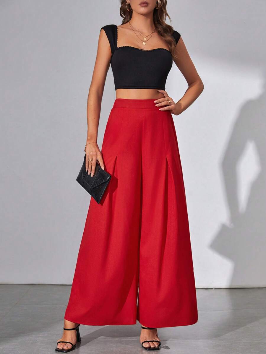 SHEIN Tall 素色闊腿褲 - 紅色 - 查看 1