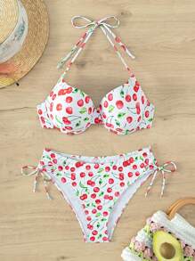 Cherry Print Push Up Bikini Set For Summer Beach - Multicolor - View 3