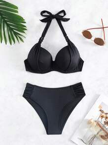 SHEIN Swim Solid Underwire Bikini Set For Summer Beach - Black - View 4