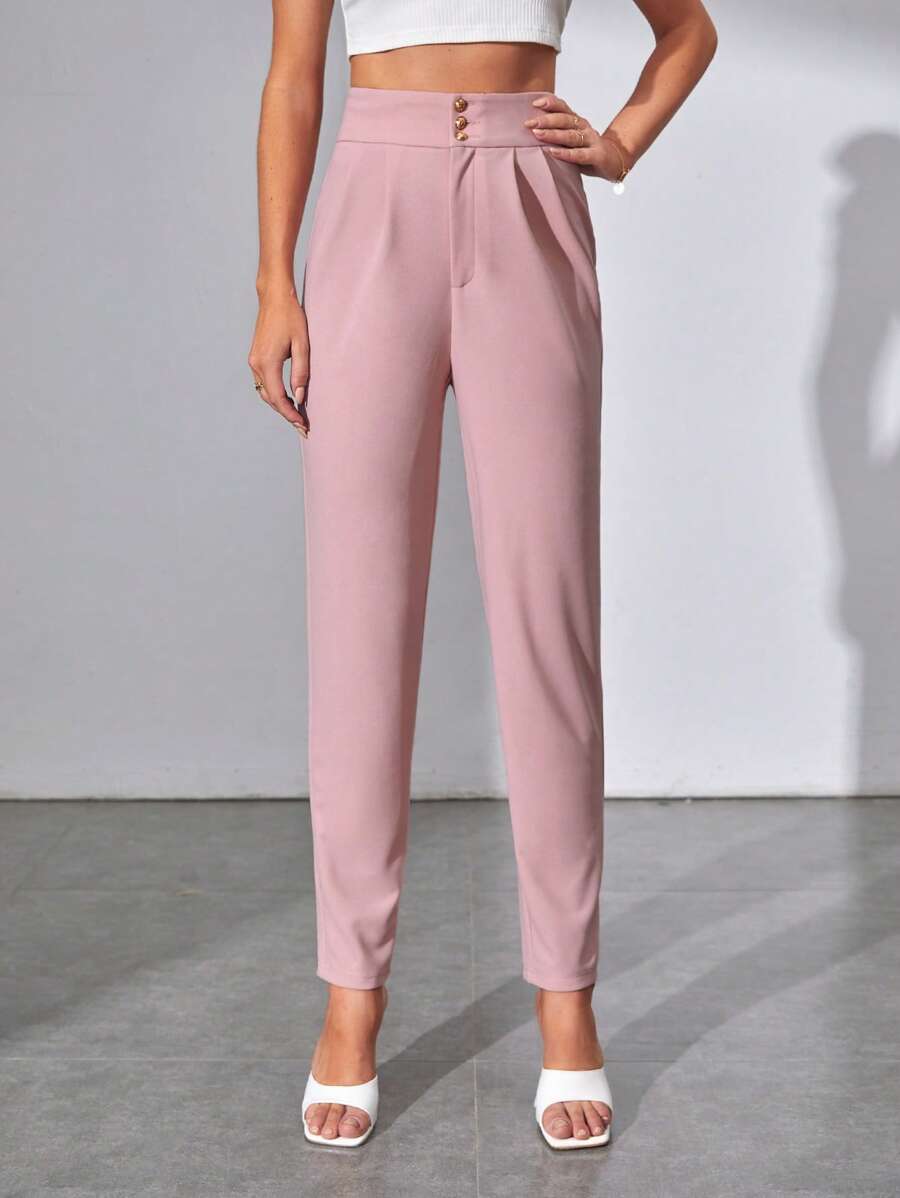 SHEIN Tall Quần nữ Nút Dây kéo Uốn nếp màu trơn Thanh lịch - Bụi hồng - Xem 1